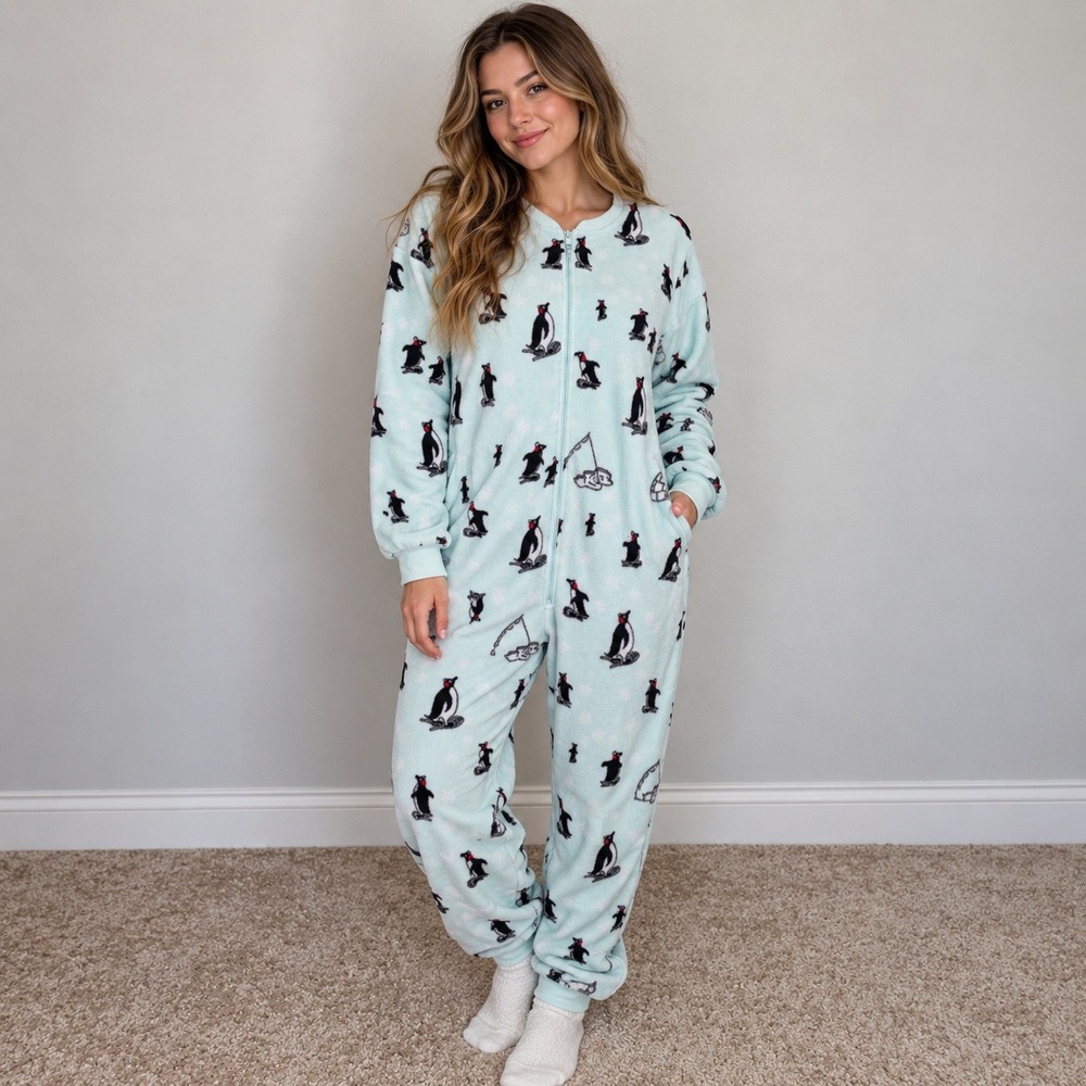 Nick & Nora Pajama Sleeper Penguin Fleece Mint Green Cozy Loungewear Size M